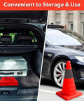 Collapsible 18 Inch Orange Traffic Cones Set Of 5 with Reflective Strips in car trunk and outside near car