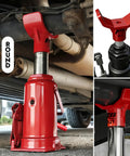 Bottle jack adapter, red; steel lifting saddle for 3-4 in round or square axles.