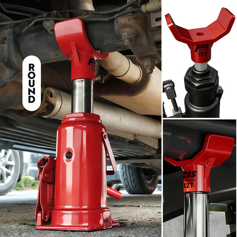 Bottle jack adapter, red; steel lifting saddle for 3-4 in round or square axles.