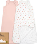 Two Pack Organic Cotton Baby Sleep Sacks 0.5 TOG For 6 To 18 Months, one pink and one with butterfly pattern displayed.