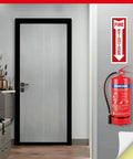 Pack Of 12 Fire Extinguisher Stickers 4 By 12 Inches, 5 Mil Vinyl, Weatherproof Self Adhesive Signs With Arrow on wall next to extinguisher