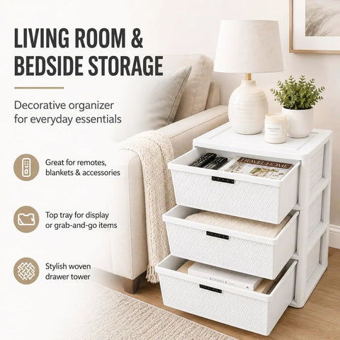 Wide Three Drawer Plastic Storage Tower With Cross Weave Removable Bins For Keeping Your Space Looking Fresh While Solidly Organizing Clothes And Daily Essentials