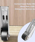 High-Performance Heavy Duty Vertical Track Roller Wheels, 110 Pounds Sliding Bottom Rubber Pulley Replace For Doors Cabinets Gates And Furniture, Super Smooth Silent Glide Guide System, Black Color - close-up of wheel and base with metal bracket.