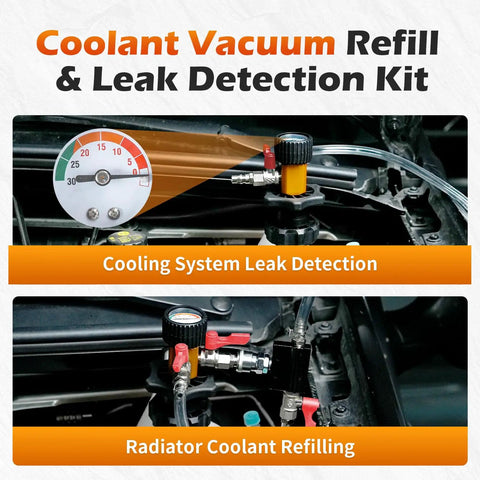 Coolant Vacuum Refill Kit with leak detection gauge and adapter for radiator bleeding, ideal for cars and trucks.
