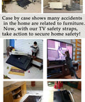 Collage showing fallen TVs and furniture, highlighting the need for Two Pack Adjustable TV Safety Straps No Drill Adhesive Anti Tip Furniture Anchors For Baby Proofing And Kids Secure Flat Screens To Wall Cabinet Stand Or Desk Easy Install Earthquake Straps.