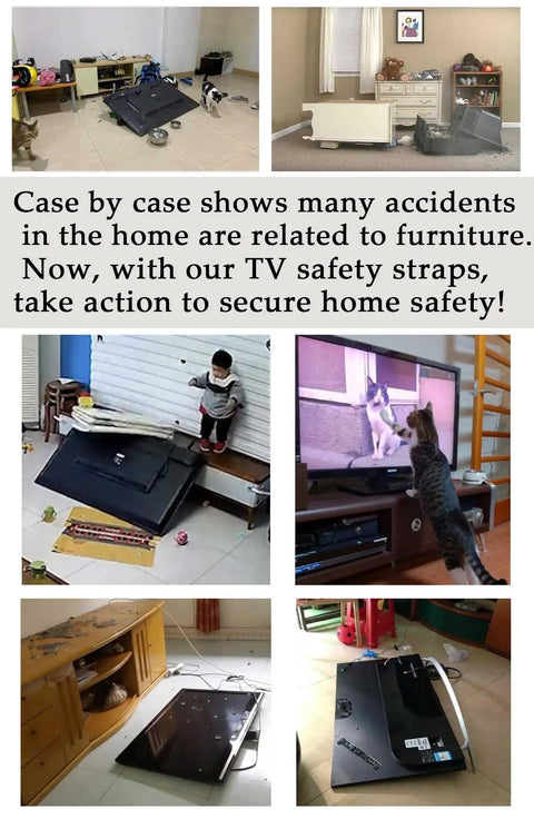 Collage showing fallen TVs and furniture, highlighting the need for Two Pack Adjustable TV Safety Straps No Drill Adhesive Anti Tip Furniture Anchors For Baby Proofing And Kids Secure Flat Screens To Wall Cabinet Stand Or Desk Easy Install Earthquake Straps.