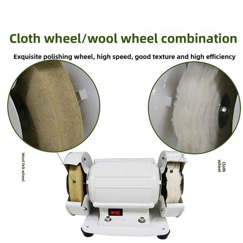 Powerhouse Dual Wheel Bench Grinder Cranking Out 3000Rpm with cloth and wool buffing wheels for polishing tasks
