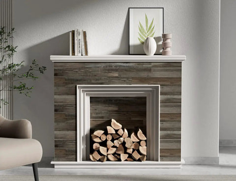 Fireplace adorned with Driftwood Peel And Stick Vinyl Wall Planks For Easy Self Adhesive Wall Panels Waterproof Lightweight And Flame Rated 12 Pieces Covering 18 Square Feet Per Box Real Wood Texture For Quick DIY Remodel.