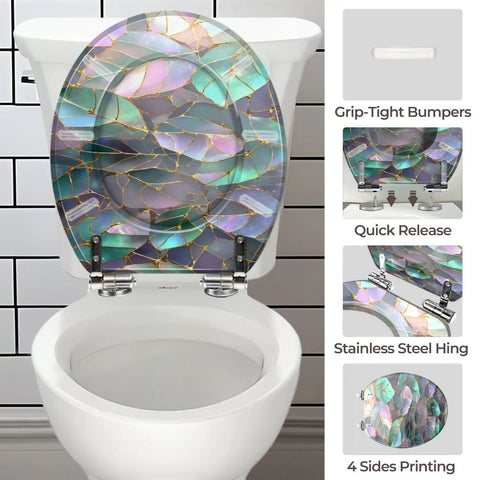 Toilet Seat Round Resin for Bathroom with colorful design, features quick release hinges and grip-tight bumpers.
