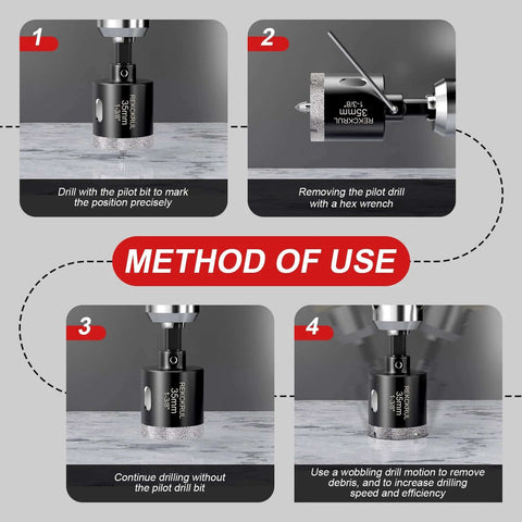 REKCKRUL 1-inch diamond tile hole saw with pilot bit, 2-pack; four-step drilling guide for porcelain/ceramic glass.