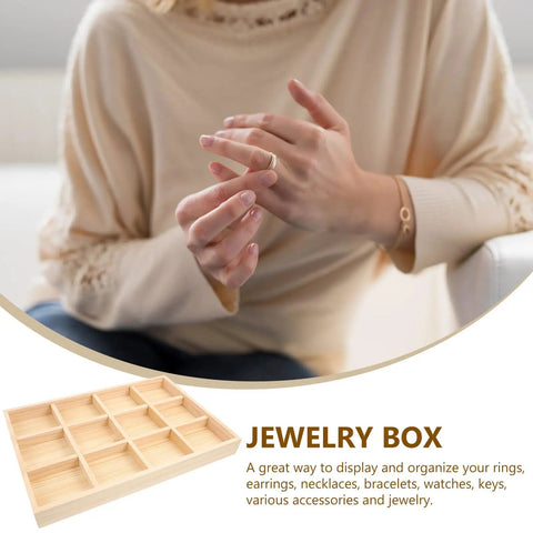 Solid Wood Jewelry Organizer Tray With Twelve Grid Compartments For Rings And Necklaces Vintage Decorative Vanity Holder displayed with hands near jewelry.