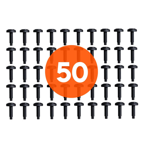 50 black zinc coated server rack screws 10-32 with attached nylon washers and pilot point heads arranged in rows