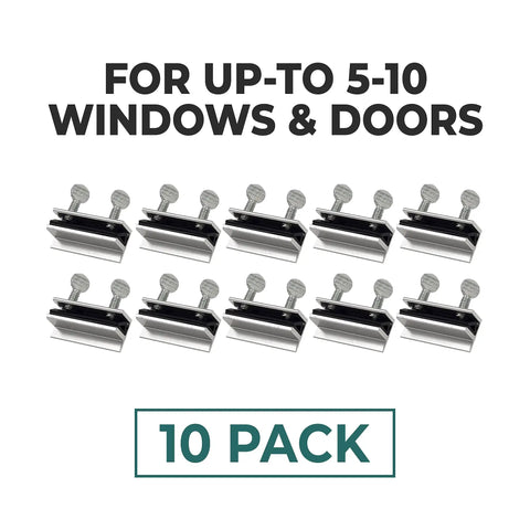 Ten Pack Heavy Duty Window Locks For Vertical And Horizontal Windows, Sliding Window Locks, Adjustable Aluminum Stoppers, No Drill Install, Fits Tracks Up To Three Sixteenth Inch Wide, Perfect For Patio Doors And Window AC Units