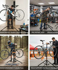 Foldable Bike Repair Stand With Magnetic Tool Tray And 360 Degree Head for 20 to 29 Inch Mountain and Road Bikes in use.