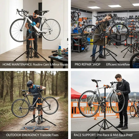 Foldable Bike Repair Stand With Magnetic Tool Tray And 360 Degree Head for 20 to 29 Inch Mountain and Road Bikes in use.