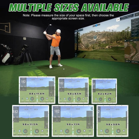 Man practicing golf swing with 3D Air Mesh Golf Impact Screen For Indoor Outdoor Practice, Ultra Clear HD Projection setup.