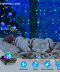 Star Projector Galaxy Night Light With Ocean Wave Led Lamp Remote for kids bedroom showing brightness levels and galaxy projection