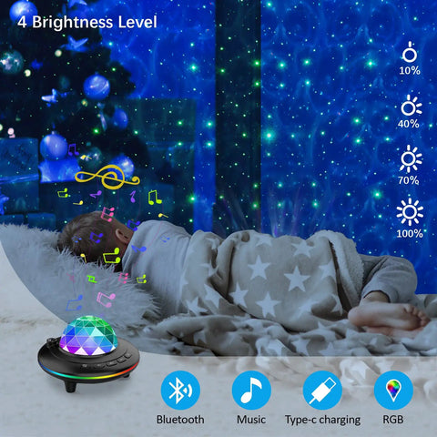 Star Projector Galaxy Night Light With Ocean Wave Led Lamp Remote for kids bedroom showing brightness levels and galaxy projection