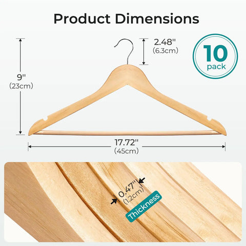 Ten Pack Heavy Duty Solid Birch Wood Coat Hangers With 360 Degree Swivel Hooks And Pant Bar For Jackets Dresses Shirts Natural Wood Suit Hangers For Closet Organization with size dimensions shown