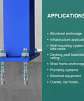 Diagram showing applications for Five Eighth Inch Concrete Anchor Bolts Set, 5 Inch Wedge Anchors Zinc Plated, 25 Pack.