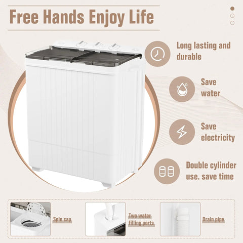 Portable Twin Tub Washing Machine Featuring A 28 Lb Washer And Spin Dryer Combo For Straight Up No Sweat Laundry Simultaneous Wash And Spin Cycle Compact Design For Busy Households with visible features and controls.