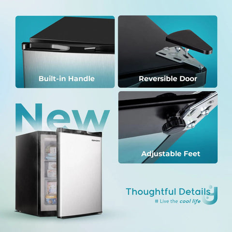 Keep It Frosty with This Dope 2.1 Cu Ft Upright Mini Freezer showing adjustable feet, reversible door, and built-in handle.