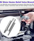 Installed view of a stainless steel universal RV water heater relief valve remover used with a 7/8 inch wrench.