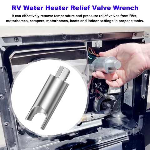 Installed view of a stainless steel universal RV water heater relief valve remover used with a 7/8 inch wrench.