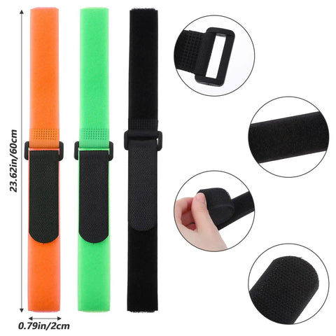 6 Pack Bike Rack Straps 60x2 Cm Adjustable Wheel Stabilizers with Hook in black, green, and orange, showing non-slip gel grip and buckle details.