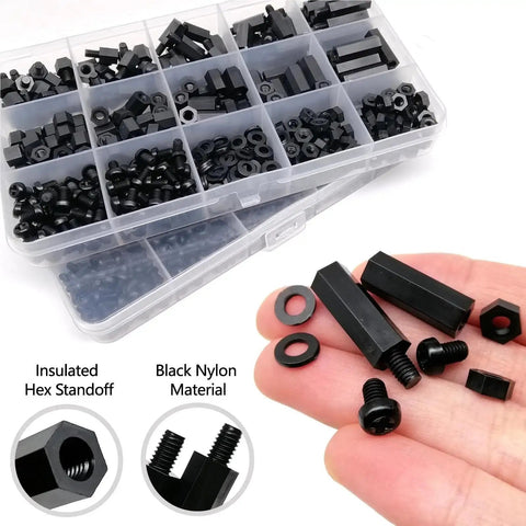 Non Conductive Black Nylon Hex Spacers Set For DIY Drone Builds And Electronics, Insulated M2 M2.5 M3 M4 standoffs in organizer