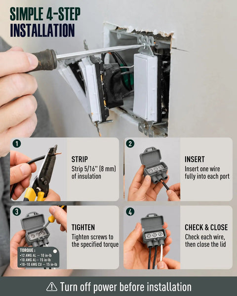 Installation guide for Hella Tough Aluminum To Copper Wire Connectors 3 Port Gray 15 Pack with step-by-step visuals.