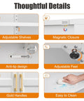 Thoughtful details of Built Like A Tank Super Tall Steel Pantry Cabinet: adjustable shelves, anti-tip design, gold handles, easy to clean features.