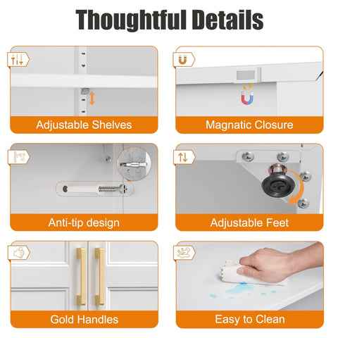 Thoughtful details of Built Like A Tank Super Tall Steel Pantry Cabinet: adjustable shelves, anti-tip design, gold handles, easy to clean features.