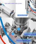Close-up view of Heavy Duty Automated Pneumatic Bottle Filler Featuring Stainless Steel Heating And Stirring Hopper For Chili Oil Honey Salad Dressing Built Tough No Sweat Operation Handles Viscous Pastes Like A Dream, showcasing custom cylinders and anti-drip nozzle.