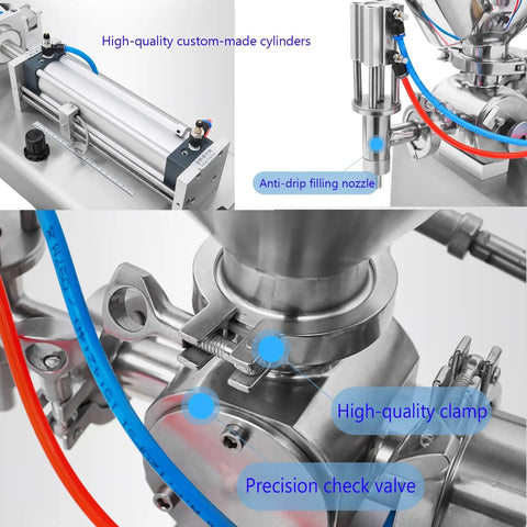 Close-up view of Heavy Duty Automated Pneumatic Bottle Filler Featuring Stainless Steel Heating And Stirring Hopper For Chili Oil Honey Salad Dressing Built Tough No Sweat Operation Handles Viscous Pastes Like A Dream, showcasing custom cylinders and anti-drip nozzle.