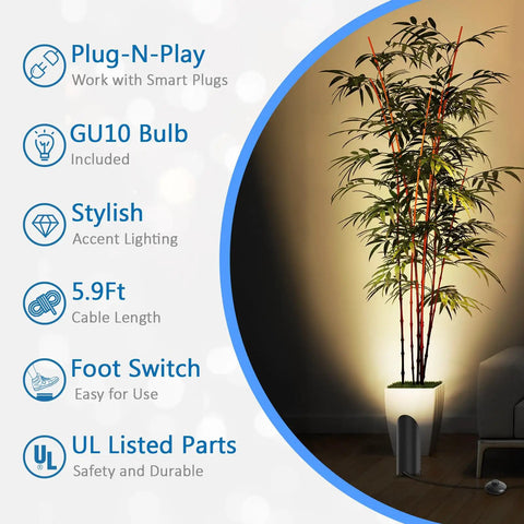 Indoor plant illuminated by Two Pack Indoor Up Lights 6W 3000K Warm White Floor Can Lights With GU10 Bulb For A Cozy Vibe, foot switch visible