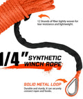 1/4 Inch By 50 Foot Orange Synthetic Winch Rope With Black Protective Sleeve, 10,000 Lb Load Capacity, heavy duty metal loop