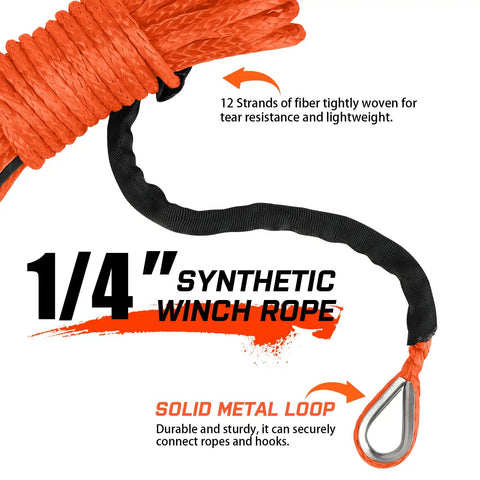 1/4 Inch By 50 Foot Orange Synthetic Winch Rope With Black Protective Sleeve, 10,000 Lb Load Capacity, heavy duty metal loop