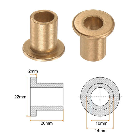 Two Pack Bronze Flange Bearing Sleeve Set For Industrial Equipment With 10mm Bore, 14mm OD, 20mm Length, 2mm Flange Thickness, Self Lubricating Bushings shown with dimensions