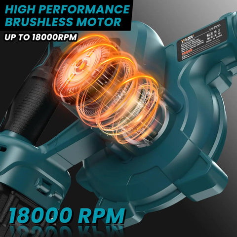 18V Cordless Leaf Blower with Brushless Motor showing high-performance up to 18000 RPM for yard work and debris removal.