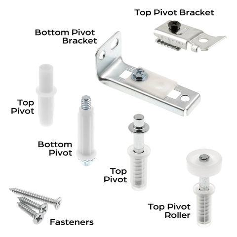 Bi-Fold Door Hardware Repair Kit with top and bottom brackets, pivots, guide wheel for 1-1/8 in doors, up to 50 lbs, zinc finish.