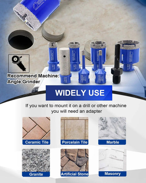 Diamond Core Drill Bit Set For Porcelain Tiles And Natural Stone Pro Grade Hole Saw Cutter Kit with tile examples shown