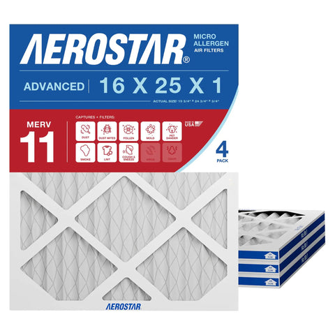 Four Pack 16x25x1 MERV 11 Air Filters With Actual Size 15.75 x 24.75 x 0.75 Fits Most 1 Inch HVAC Systems Defends Against Dust