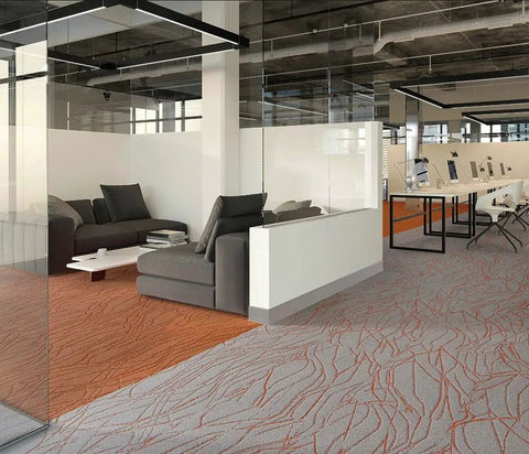 Office space with Flex Gray Vinyl Wall Base 4 Inch By 20 Foot With Peel And Stick Adhesive, modern design and open seating area.