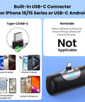 Image showing a Mini Portable Charger For iPhone 17 16 15 Series And Android 5500mAh PD Fast Charging USB-C Power Bank with compatibility details