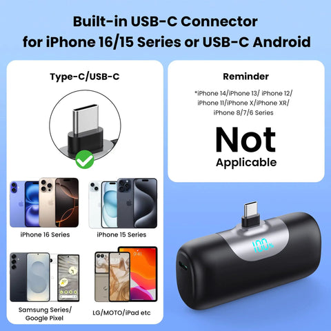 Image showing a Mini Portable Charger For iPhone 17 16 15 Series And Android 5500mAh PD Fast Charging USB-C Power Bank with compatibility details
