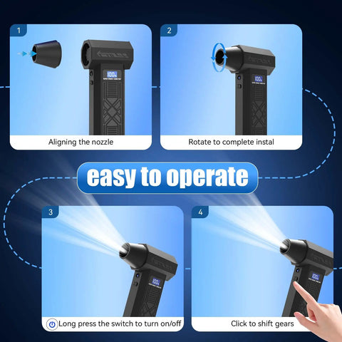 Instruction guide showing operation of Three In One Electric Air Duster With Four Gear Adjustable Powerful Handheld Blower.