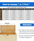 Size guide for Soft Close Toy Box Hinges Set with width, height dimensions and 1 or 2 pack options shown.