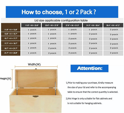Size guide for Soft Close Toy Box Hinges Set with width, height dimensions and 1 or 2 pack options shown.