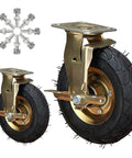 Heavy Duty Rubber Casters Pair With Eight And Ten Inch Swivel Options For Serious Outdoor Hauling showing gold metal frame and black rubber wheels.